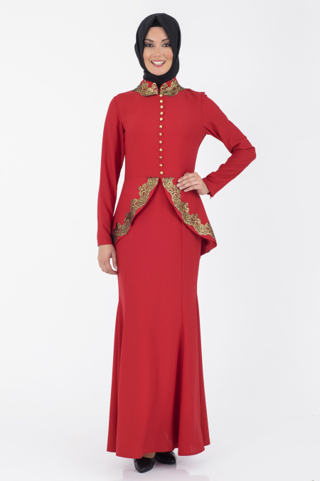 İpekdal - Kırmızı Tesettür Elbise 3769K