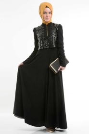 İpekdal - Leather Detailed Black Dress - Thumbnail