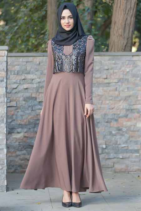 İpekdal - Leather Detailed Mink Color Dress