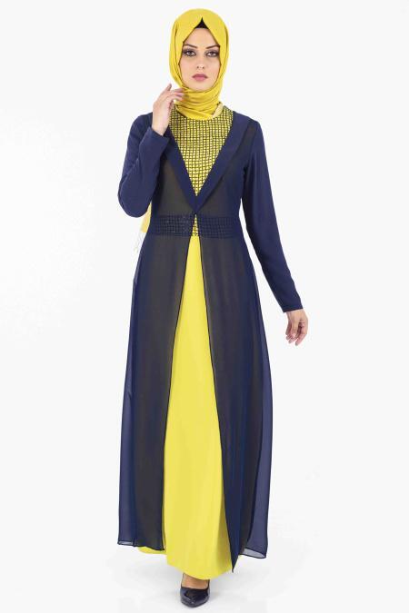 İpekdal - Üzeri Tül Detaylı Sarı Tesettür Elbise 3820SR - 1