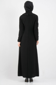İpekdal - Üzeri Tül Detaylı Siyah Tesettür Elbise 3820S - Thumbnail