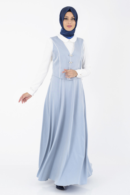 İpekdal - Yelekli Mavi Tesettür Elbise 3884M