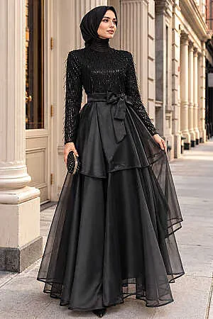 Shimmering Tulle-Detail Black Modest Evening Dress 80001S - 1