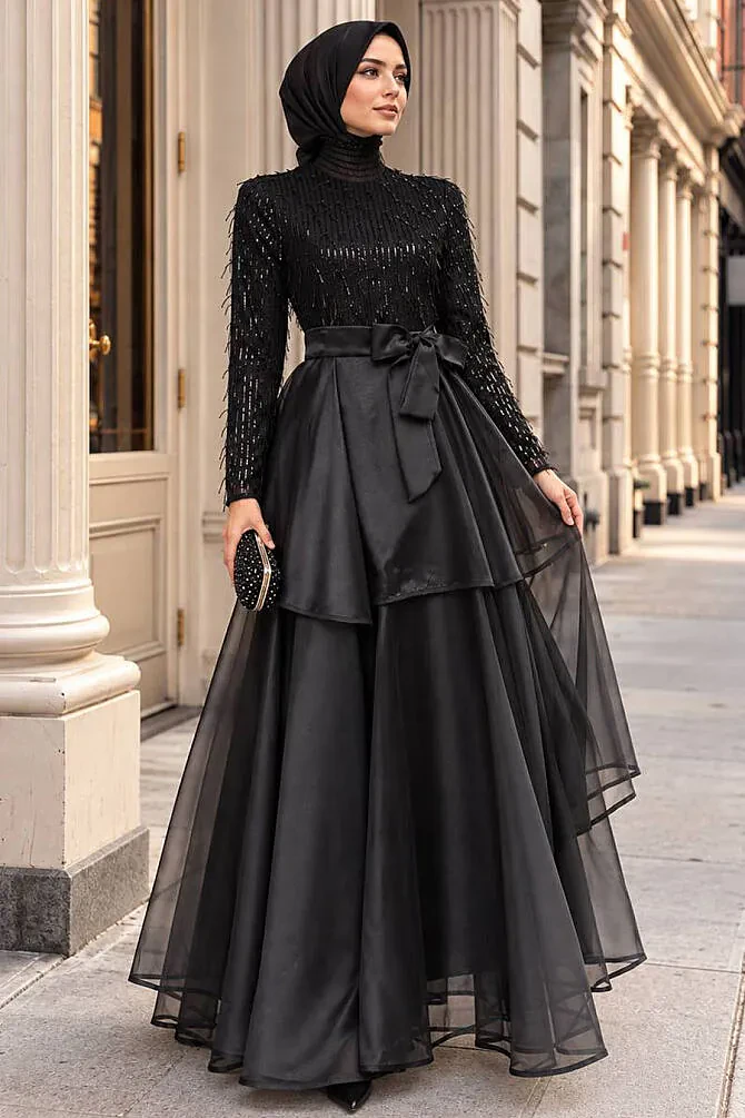 Shimmering Tulle-Detail Black Modest Evening Dress 80001S - 1
