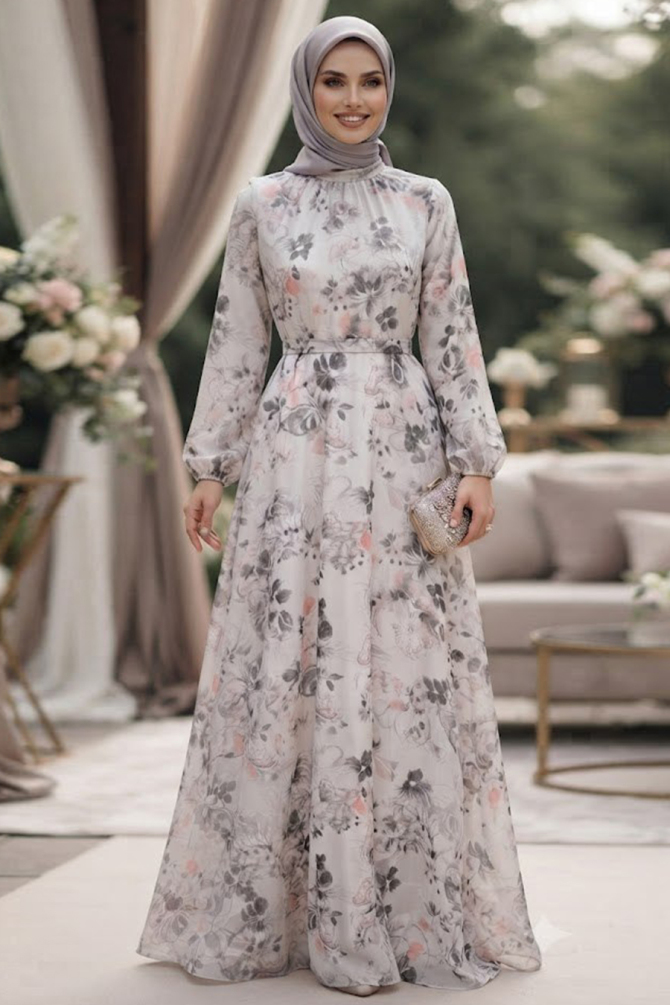 Çiçek Desenli Bej Tesettür Elbise 27963BEJ - N.S NEVA STYLE