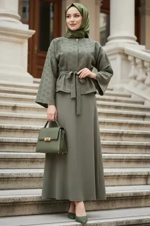 Jacquard Belted Almond Green Modest Two-Piece Set 22026CY 