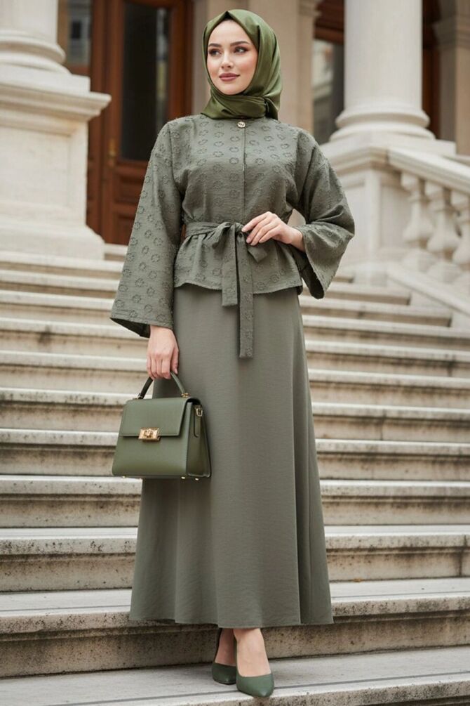 Jacquard Belted Almond Green Modest Two-Piece Set 22026CY - 1