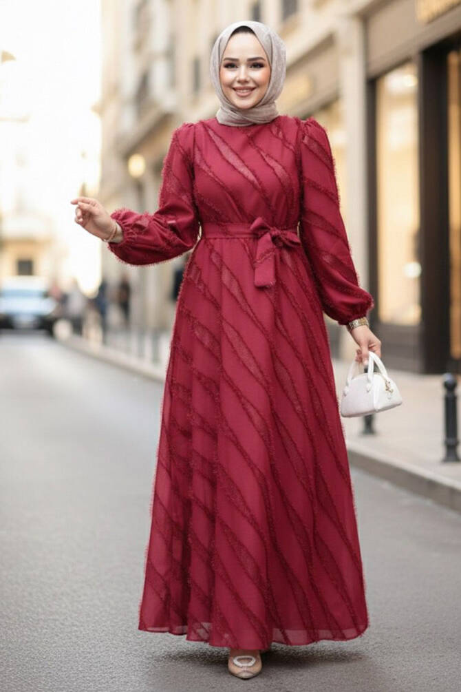 Jakar Detaylı Bordo Tesettür Elbise 23262BR - 1