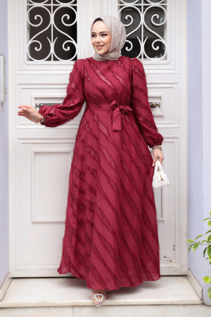 Jakar Detaylı Bordo Tesettür Elbise 23262BR 