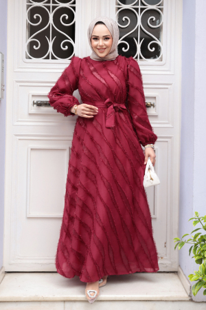 Jakar Detaylı Bordo Tesettür Elbise 23262BR - 2