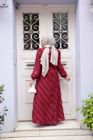 Jakar Detaylı Bordo Tesettür Elbise 23262BR - 3