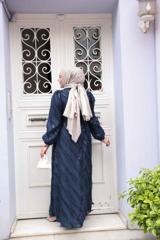 Jakar Detaylı Lacivert Tesettür Elbise 23262L - 3