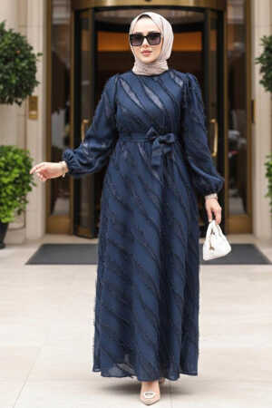 Jakar Detaylı Lacivert Tesettür Elbise 23262L - 1
