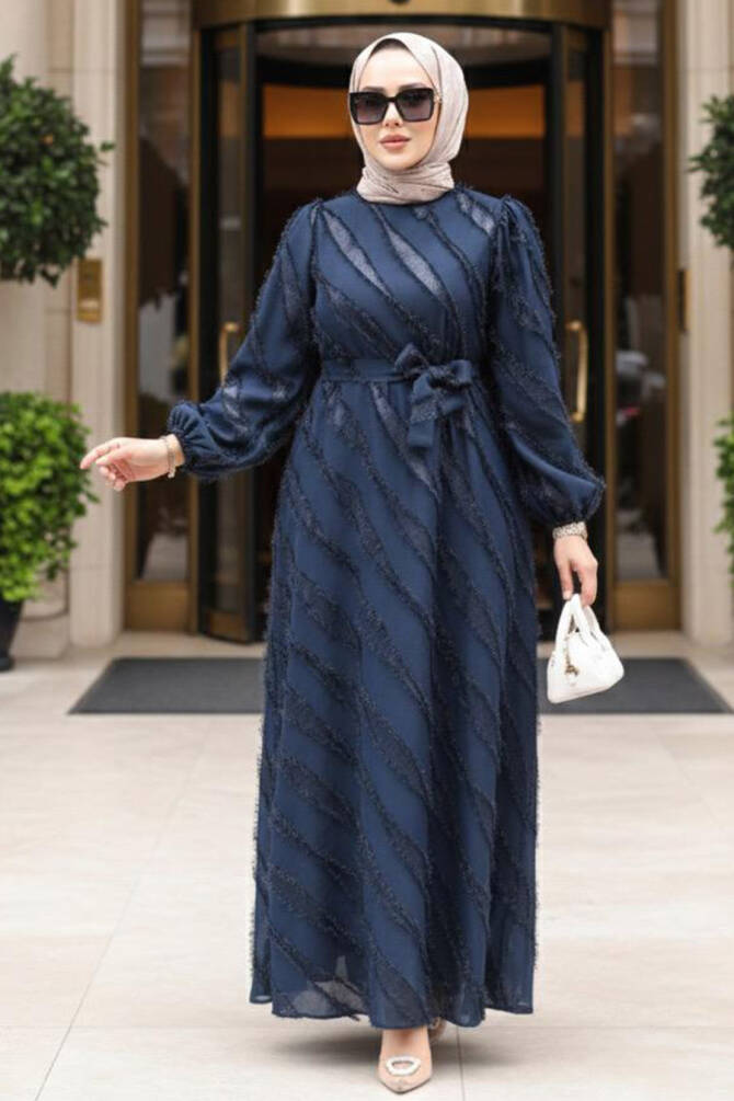 Jakar Detaylı Lacivert Tesettür Elbise 23262L - 1
