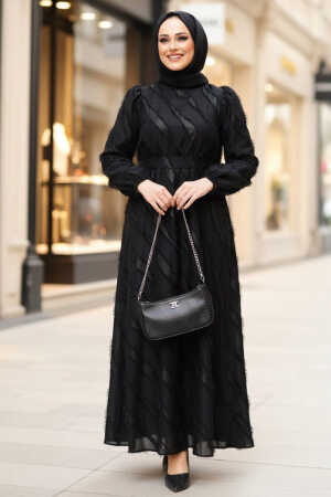 Jakar Detaylı Siyah Tesettür Elbise 23262S 