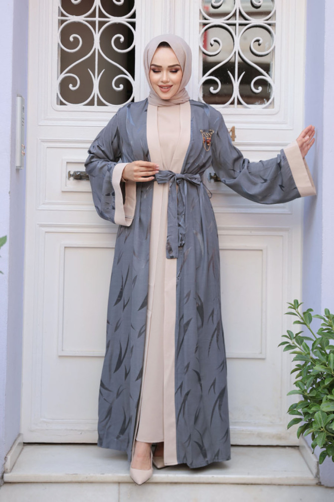 Jakarlı Gri Tesettür İkili Abaya 76631GR - 2
