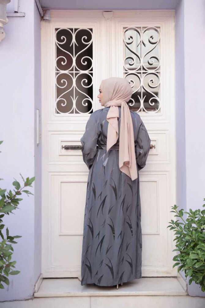 Jakarlı Gri Tesettür İkili Abaya 76631GR - 4
