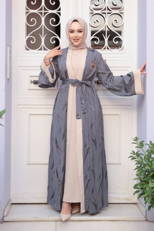 Jakarlı Gri Tesettür İkili Abaya 76631GR - 3