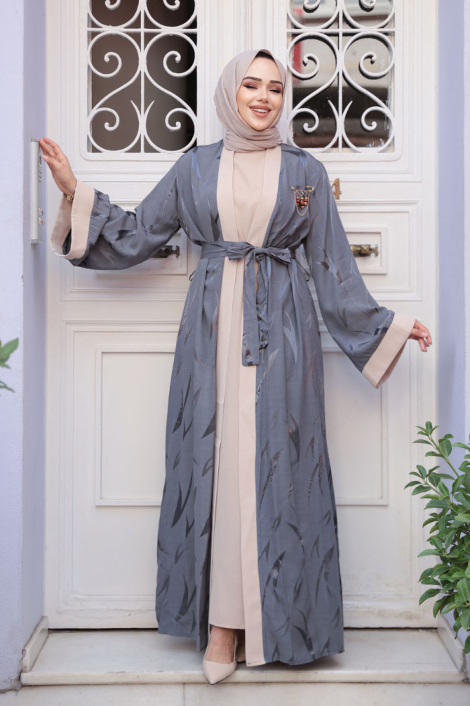 Jakarlı Gri Tesettür İkili Abaya 76631GR - 1