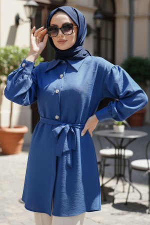 Jakarlı İndigo Mavisi Tesettür Tunik 5335IM 