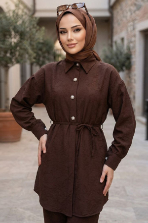 Jakarlı Kahverengi Tesettür Tunik 5335KH 