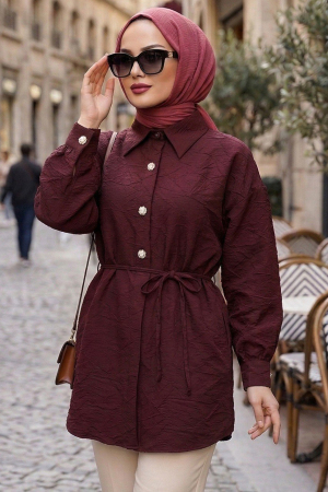 Jakarlı Koyu Bordo Tesettür Tunik 5335KBR 