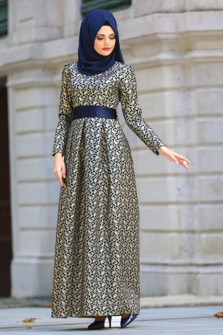 Navy Blue Hijab Evening Dress 24415L 
