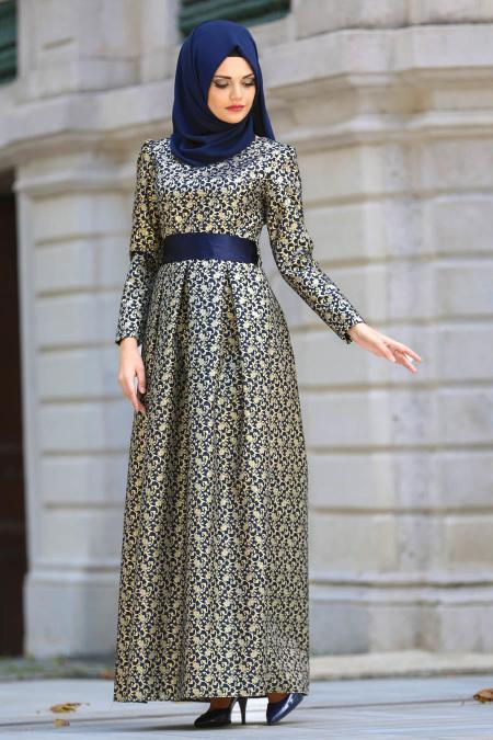 Navy Blue Hijab Evening Dress 24415L - 1