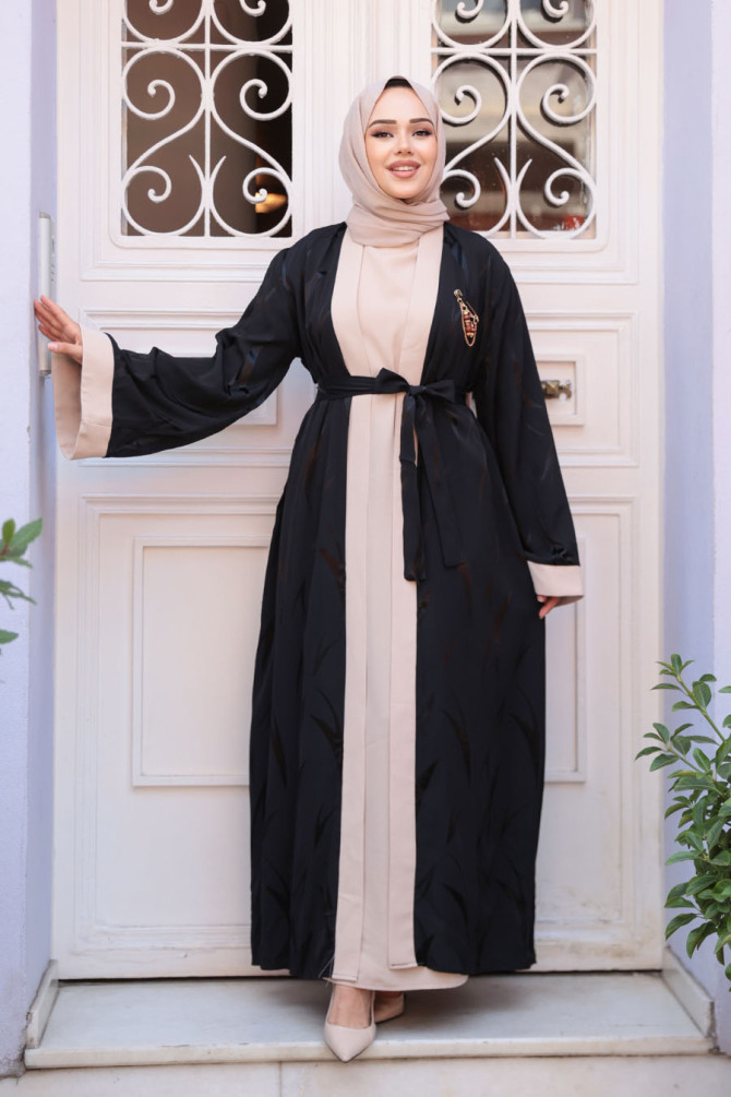 Jakarlı Siyah Tesettür İkili Abaya 76631S - 2