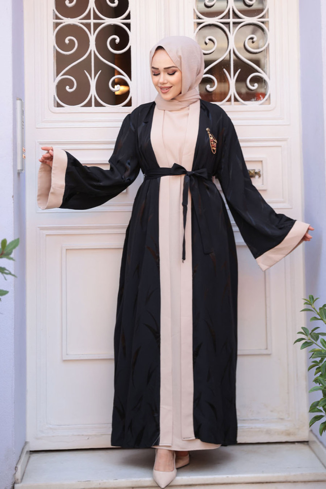Jakarlı Siyah Tesettür İkili Abaya 76631S - 1