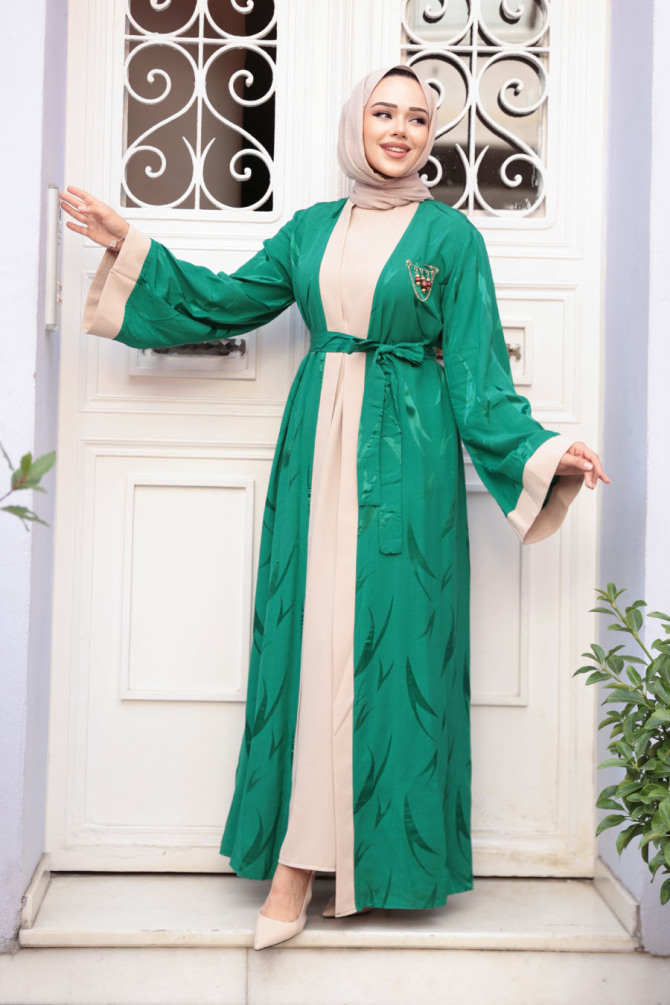 Jakarlı Yeşil Tesettür İkili Abaya 76631Y - 2