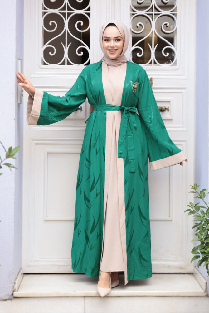 Jakarlı Yeşil Tesettür İkili Abaya 76631Y - 3