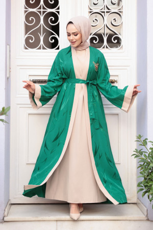 Jakarlı Yeşil Tesettür İkili Abaya 76631Y - 1