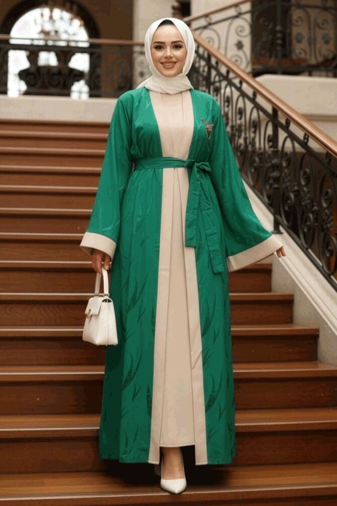 Jakarlı Yeşil Tesettür İkili Abaya 76631Y - 1