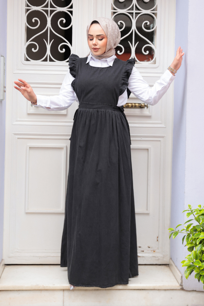 Jile Antrasit Tesettür Kot Elbise 19113ANT - 1