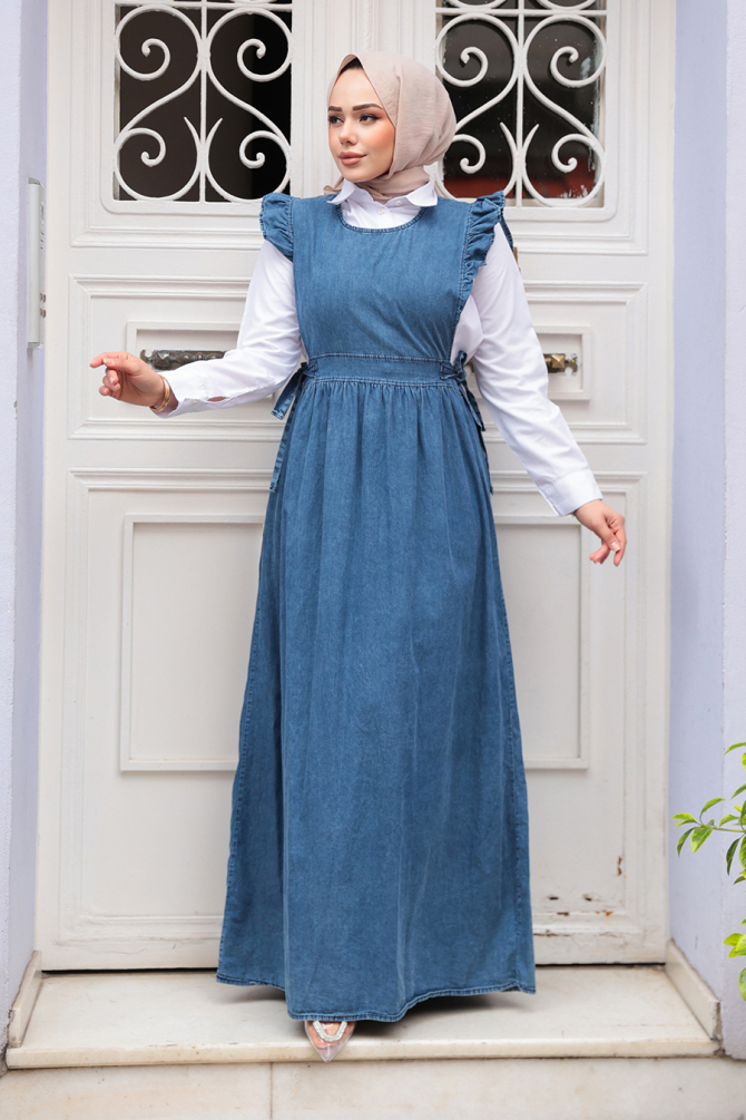 Jile Koyu Mavi Tesettür Kot Elbise 19113KM - NEVA STYLE