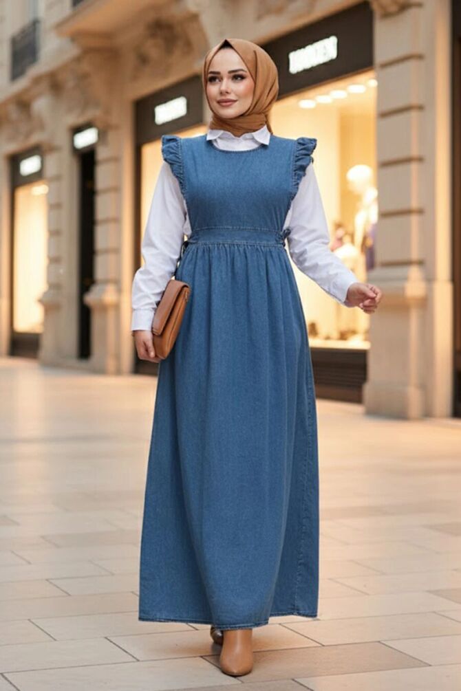 Jile Koyu Mavi Tesettür Kot Elbise 19113KM - NEVA STYLE
