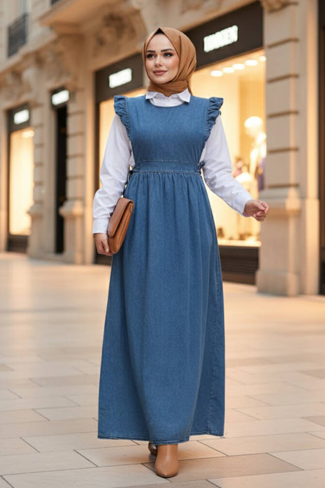 Jile Koyu Mavi Tesettür Kot Elbise 19113KM - NEVA STYLE