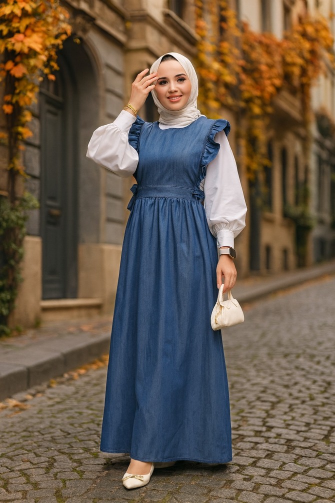 Jile Lacivert Tesettür Kot Elbise 19113L - NEVA STYLE