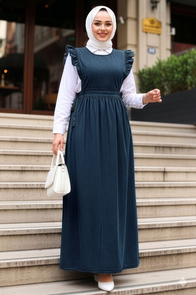 Jile Lacivert Tesettür Kot Elbise 19113L - NEVA STYLE