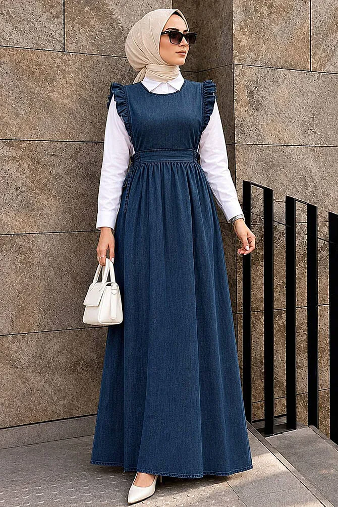 Jile Lacivert Tesettür Kot Elbise 19113L - NEVA STYLE