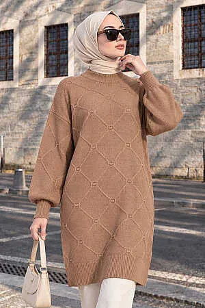Textured Diamond-Pattern Biscuit Modest Knit Tunic 60203BS 