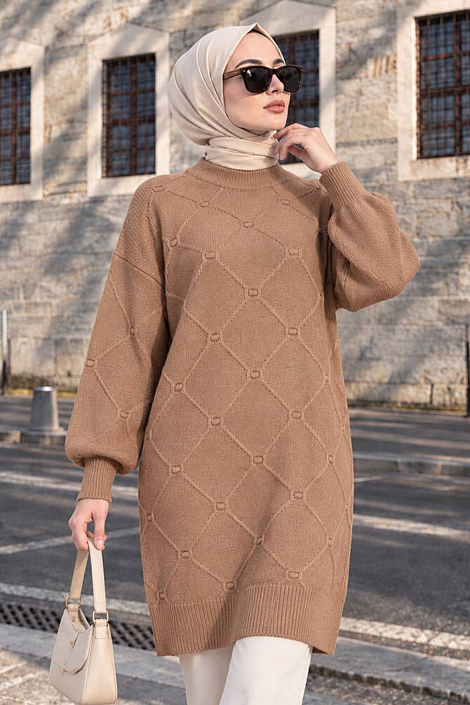 Kabartma Detaylı Baklava Desenli Bisküvi Tesettür Triko Tunik 60203BS - 1