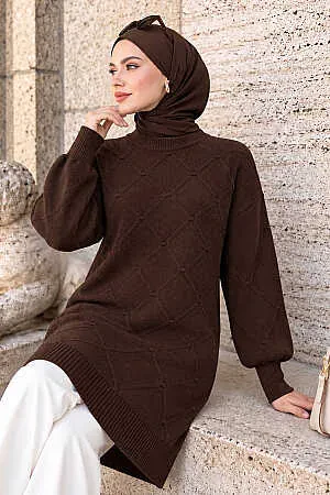 Textured Diamond-Pattern Brown Modest Knit Tunic 60203KH 