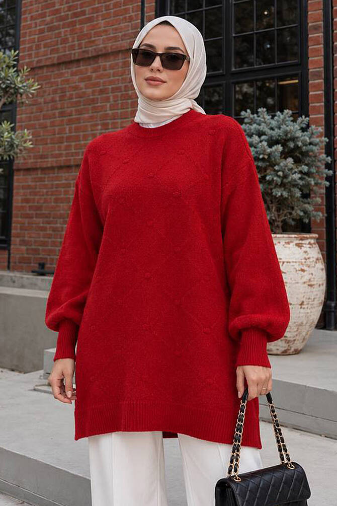 Textured Diamond-Pattern Red Modest Knit Tunic 60203K - 1