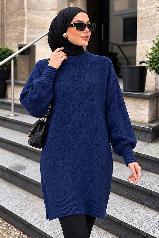 Textured Diamond-Pattern Navy Modest Knit Tunic 60203L - 1