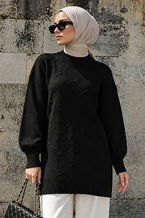 Textured Diamond-Pattern Black Modest Knit Tunic 60203S 