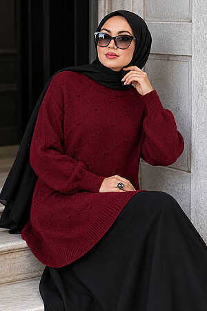 Kabartma Detaylı Baklava Desenli Vişne Tesettür Triko Tunik 60203VSN - N.S NEVA STYLE