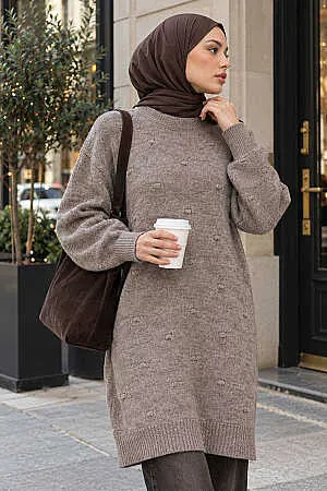 Textured Diamond-Pattern Mink Modest Knit Tunic 60203V 