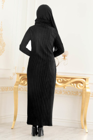 Kadife Siyah Tesettür Elbise 18552S - Thumbnail